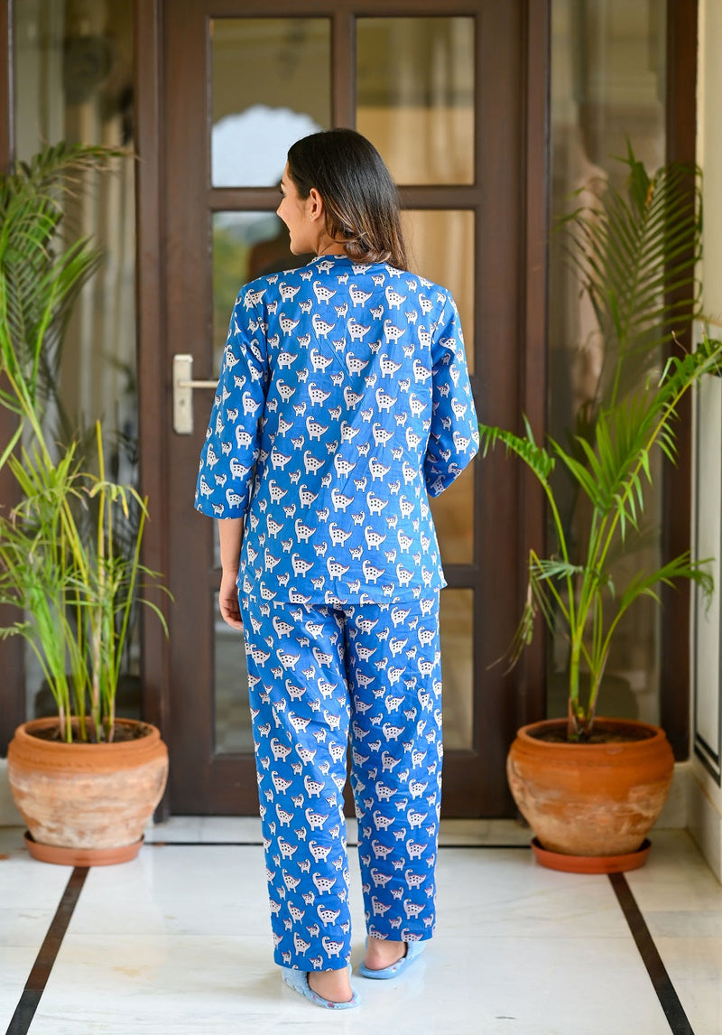 Blue Cotton Printed Night Suit Set with Payjama Night Suit SANSKRUTI HOMES 