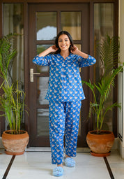 Blue Cotton Printed Night Suit Set with Payjama Night Suit SANSKRUTI HOMES 