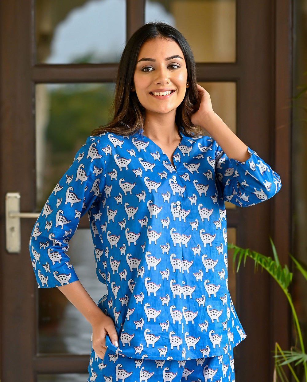 Blue Cotton Printed Night Suit Set with Payjama Night Suit SANSKRUTI HOMES 