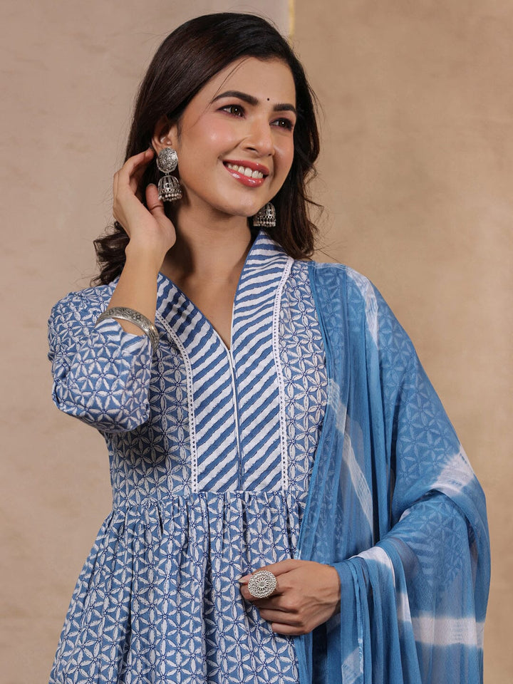 Blue Printed Empire Kurta with Trousers & With Dupatta Rangdeep 