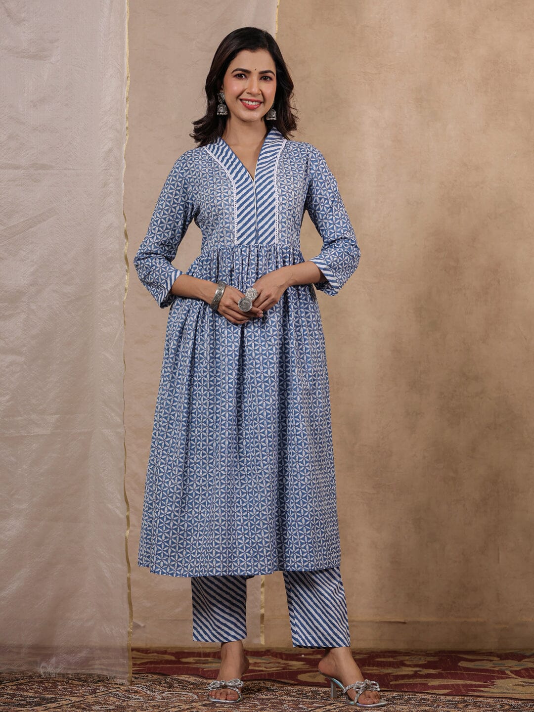 Blue Printed Empire Kurta with Trousers & With Dupatta Rangdeep 