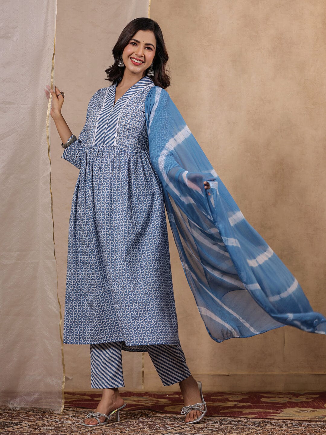 Blue Printed Empire Kurta with Trousers & With Dupatta Rangdeep 