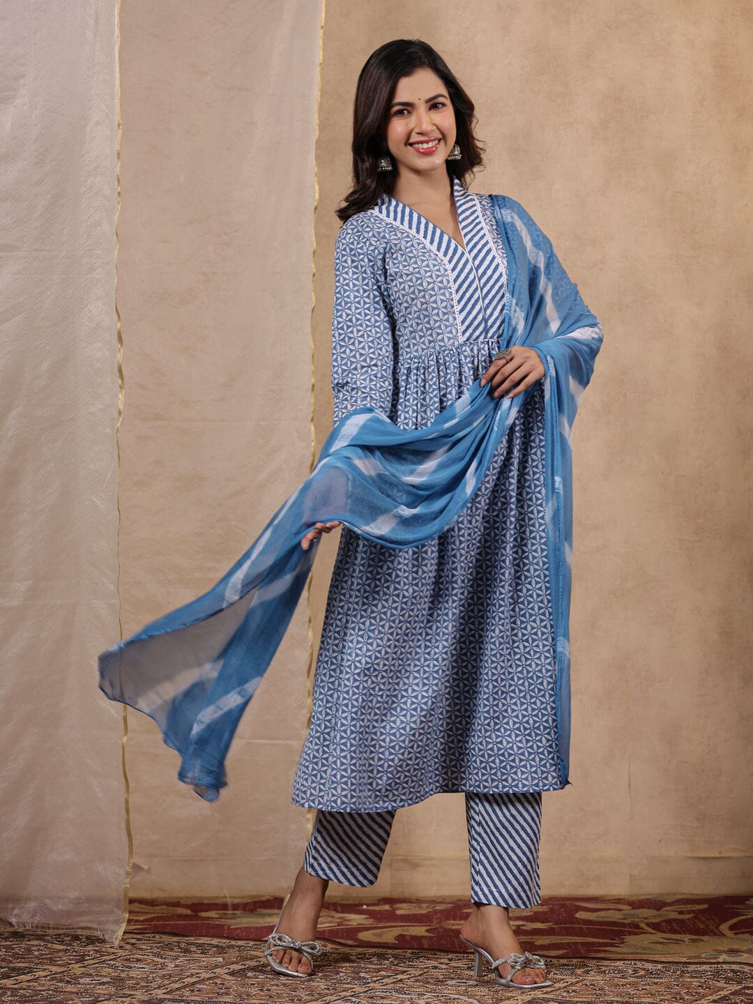 Blue Printed Empire Kurta with Trousers & With Dupatta Rangdeep 