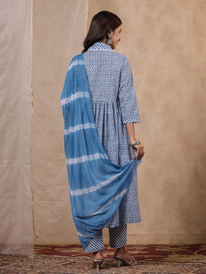 Blue Printed Empire Kurta with Trousers & With Dupatta Rangdeep 