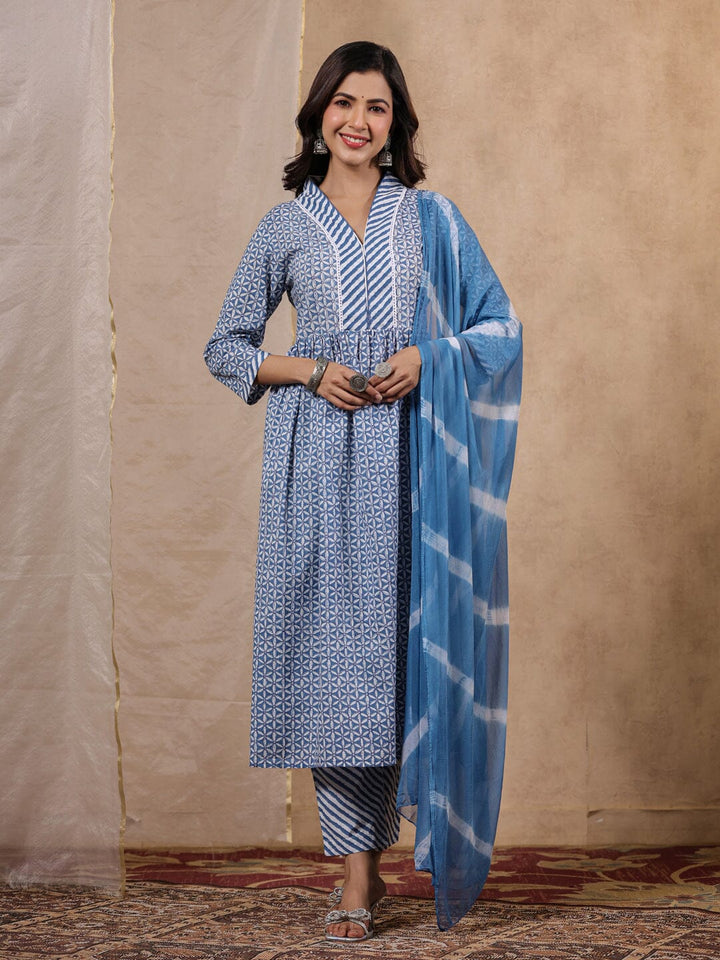 Blue Printed Empire Kurta with Trousers & With Dupatta Rangdeep 