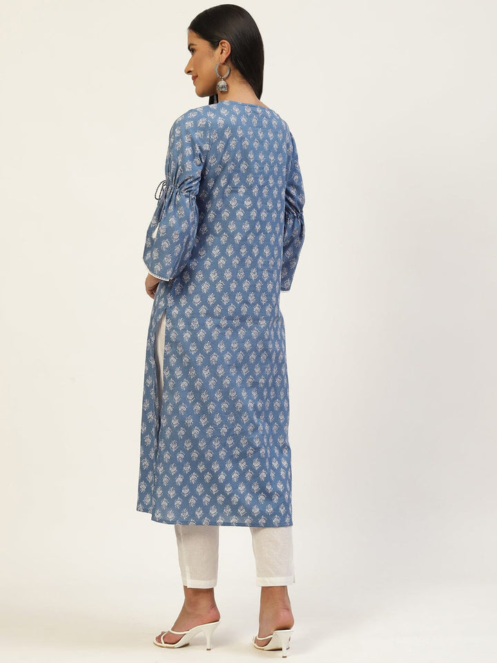 Blue & White Ethnic Motifs Printed Bell Sleeves Kurta Rangdeep 