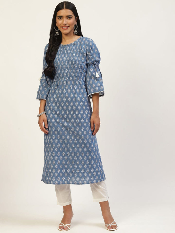 Blue & White Ethnic Motifs Printed Bell Sleeves Kurta Rangdeep 