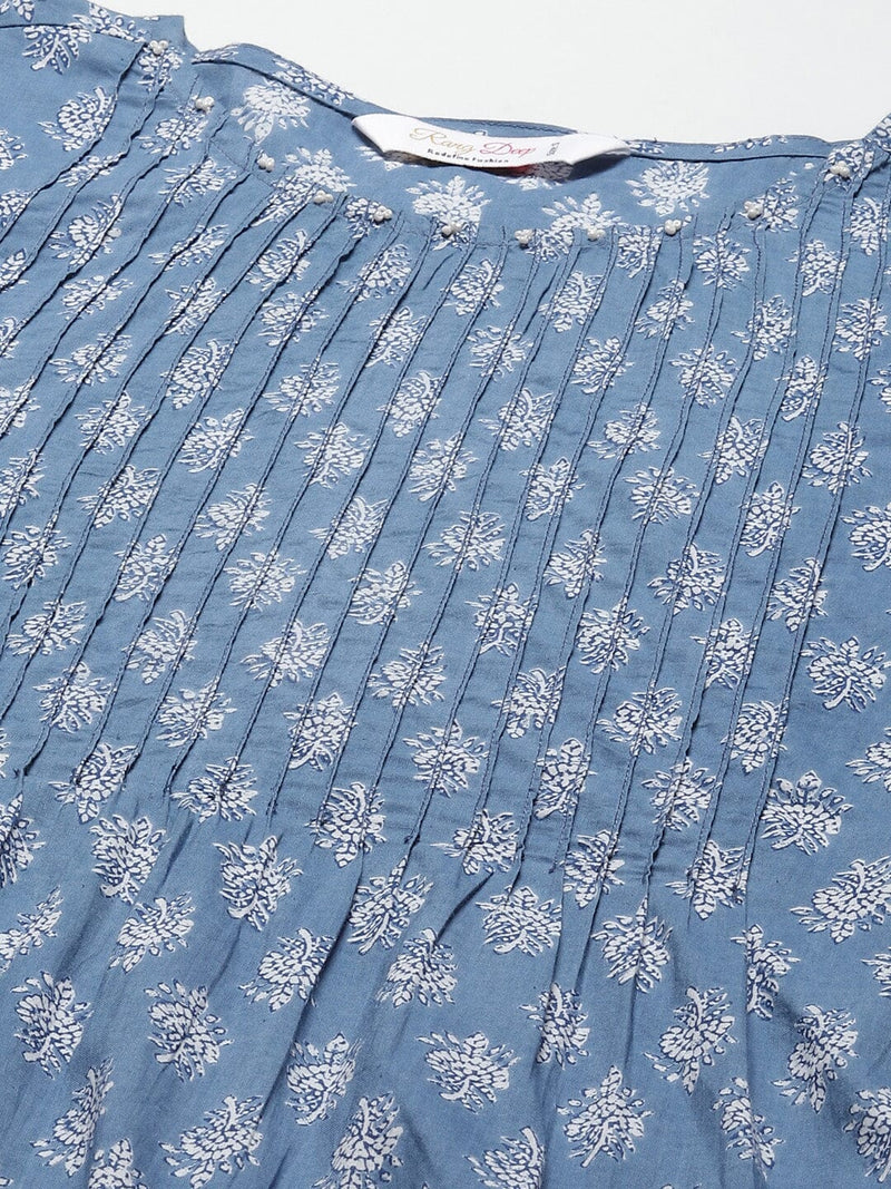 Blue & White Ethnic Motifs Printed Bell Sleeves Kurta Rangdeep 