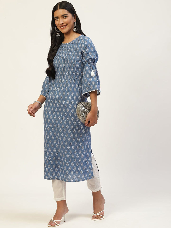 Blue & White Ethnic Motifs Printed Bell Sleeves Kurta Rangdeep 