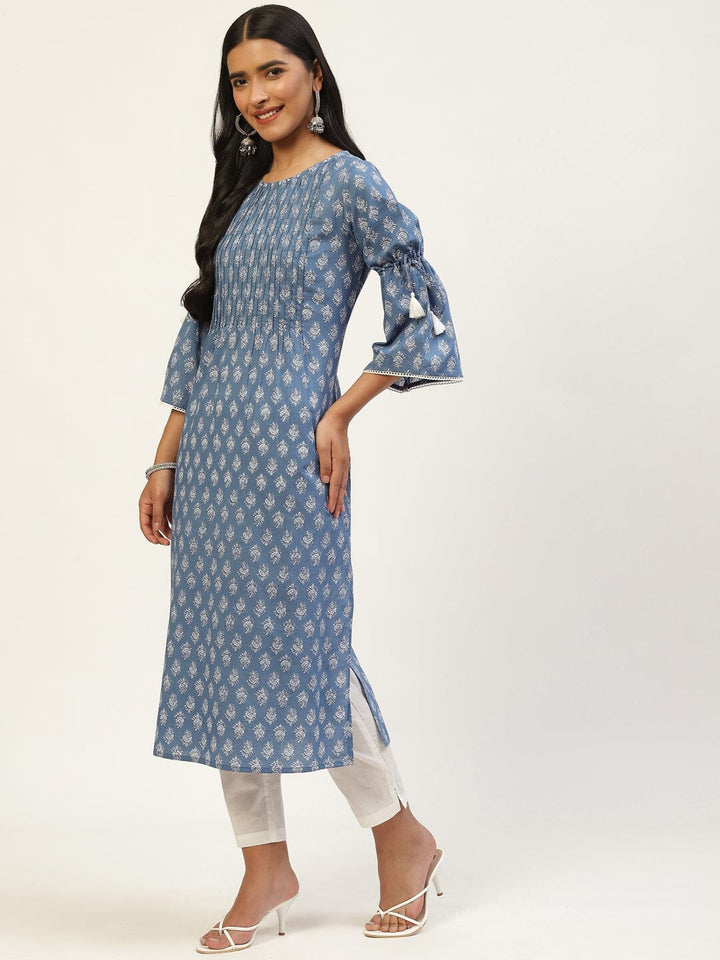 Blue & White Ethnic Motifs Printed Bell Sleeves Kurta Rangdeep 