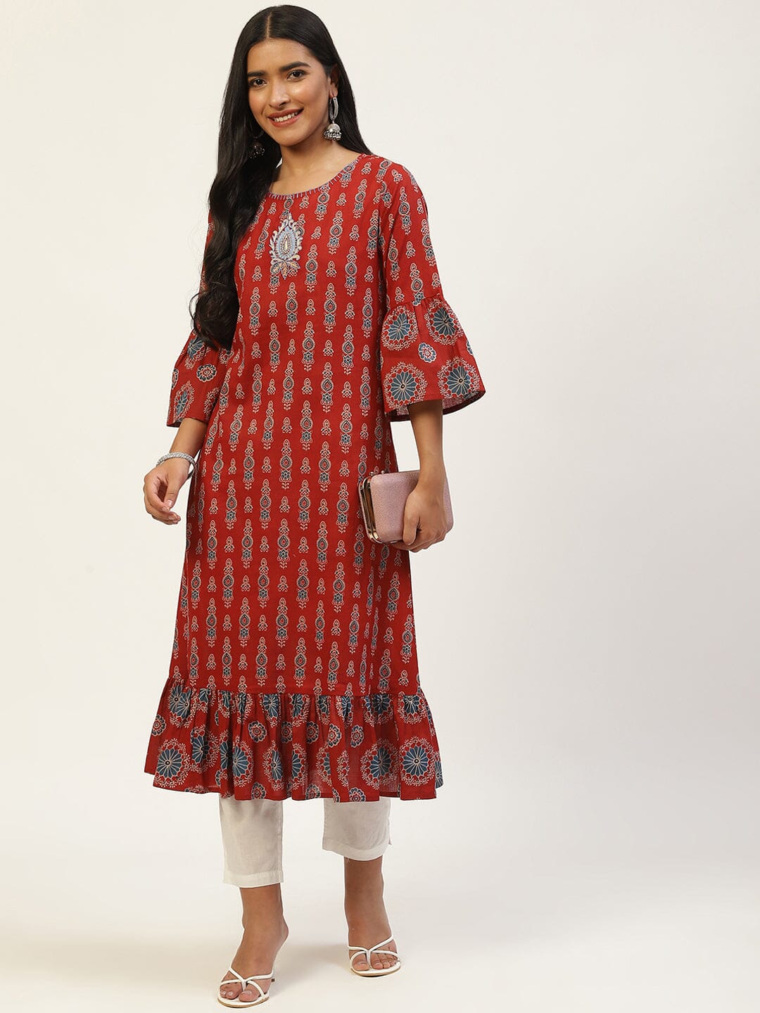 Ethnic Motifs Printed Flared Sleeves Tiered Kurta Rangdeep 