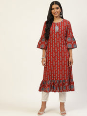 Ethnic Motifs Printed Flared Sleeves Tiered Kurta Rangdeep 