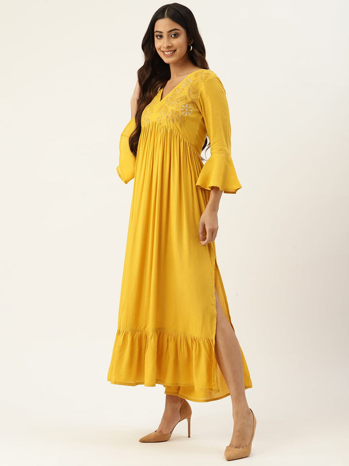 Floral Embroidered Bell Sleeves Tiered Dress With Slit Detail dress Sanskruti Homes 
