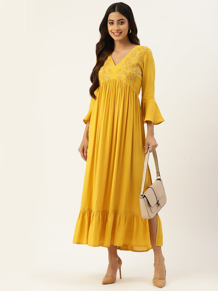 Floral Embroidered Bell Sleeves Tiered Dress With Slit Detail dress Sanskruti Homes 