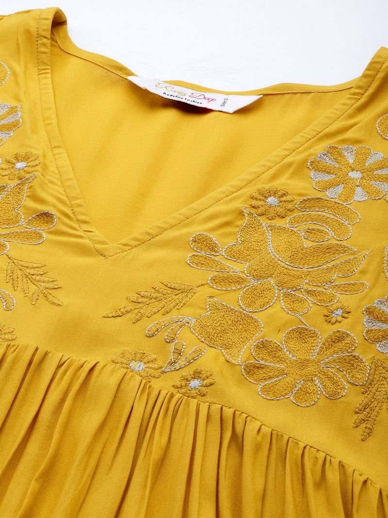 Floral Embroidered Bell Sleeves Tiered Dress With Slit Detail dress Sanskruti Homes 