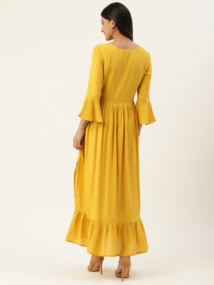 Floral Embroidered Bell Sleeves Tiered Dress With Slit Detail dress Sanskruti Homes 