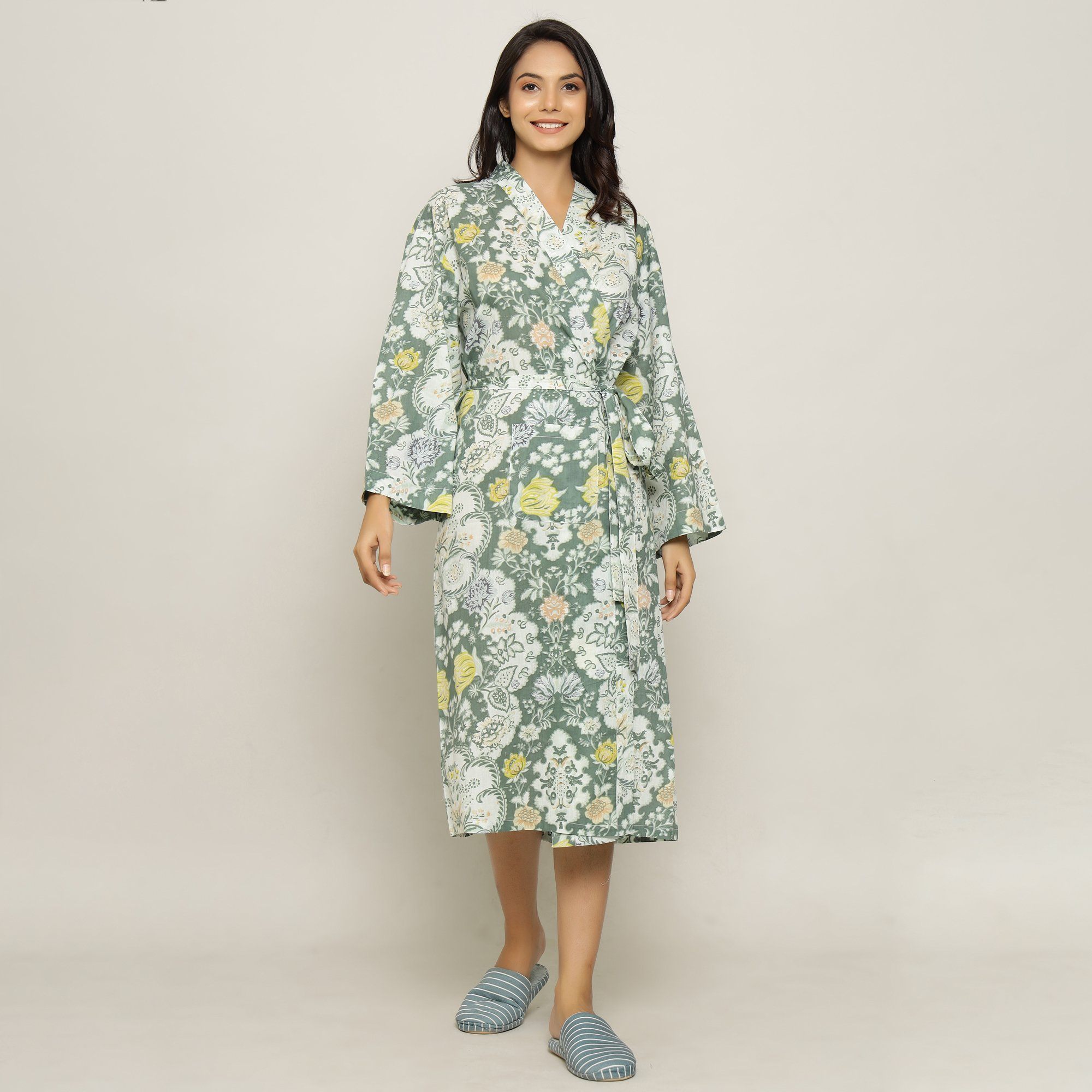 Green Cotton Hand printed Bathrobe Bathrobe SANSKRUTI HOMES 