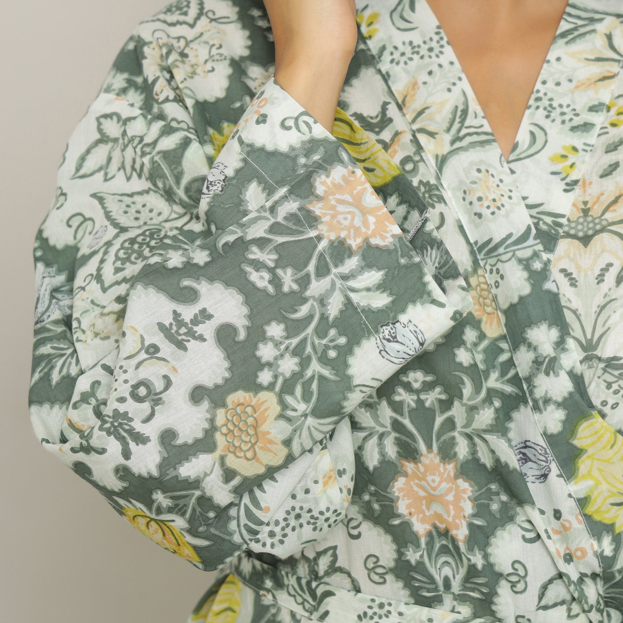 Green Cotton Hand printed Bathrobe Bathrobe SANSKRUTI HOMES 