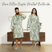 Green Cotton Hand printed Couple Bathrobe Couple Bathrobe SANSKRUTI HOMES S-M Bathrobe Only 