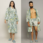 Green Cotton Hand printed Couple Bathrobe Couple Bathrobe SANSKRUTI HOMES S-M With Boxer (S) 