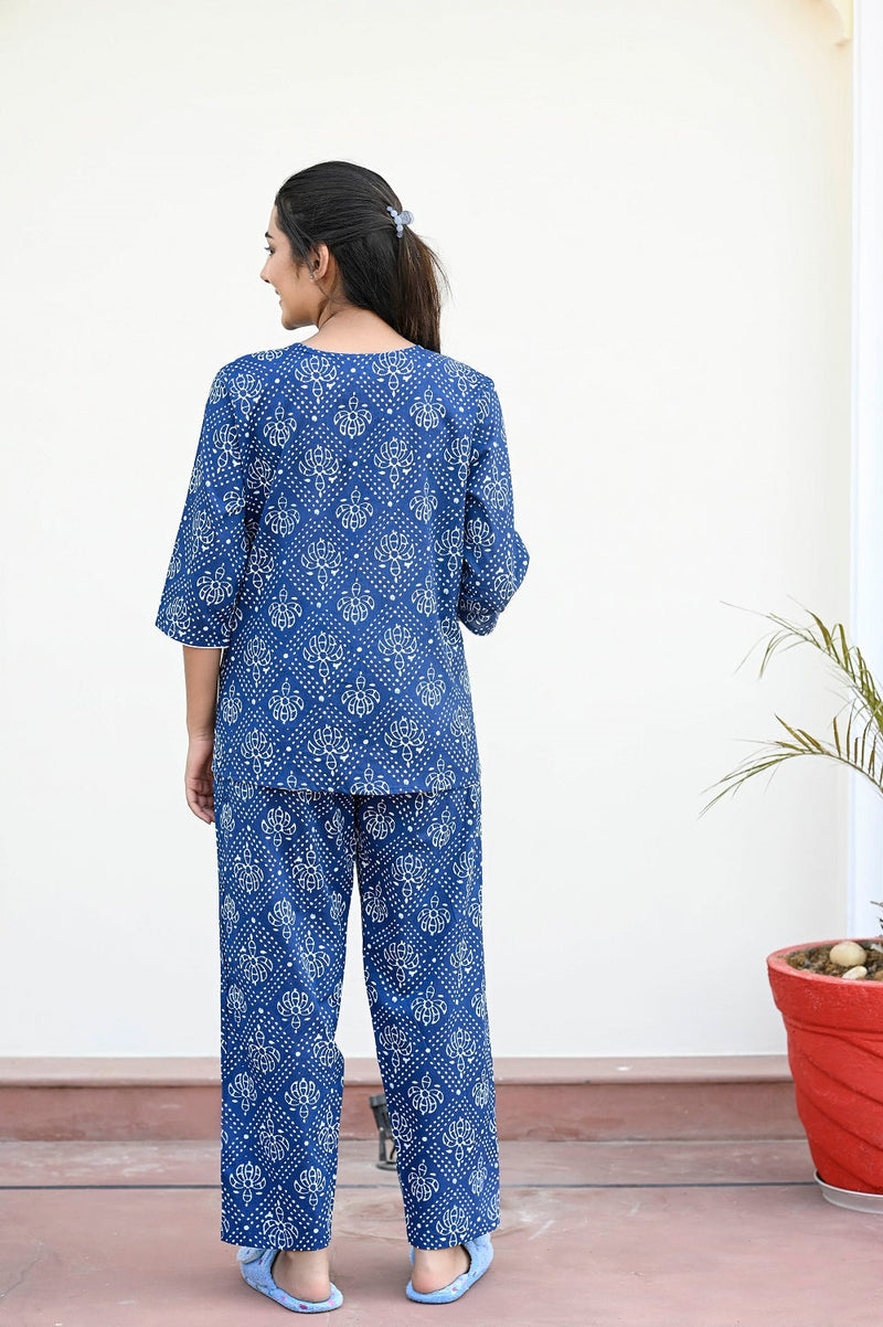 Indigo Blue Cotton Printed Night Suit Set with Payjama Night Suit SANSKRUTI HOMES 