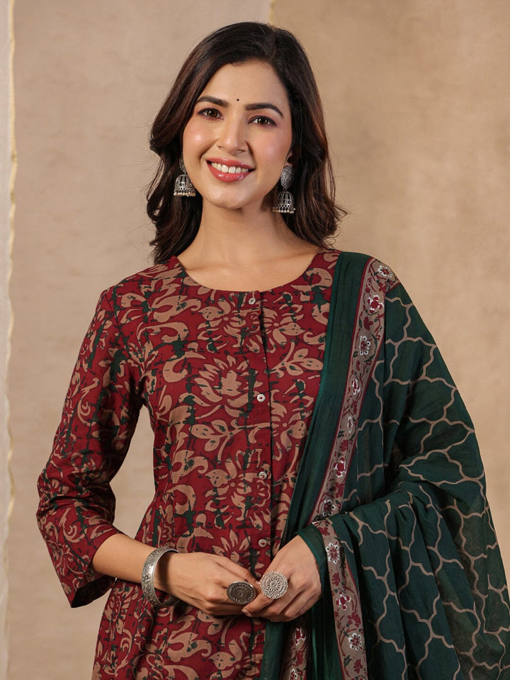 Mahroon & Green Print Cotton Set of Kurti With Pant & Dupatta Kurti Dupatta set Pant Rangdeep-Fashions 