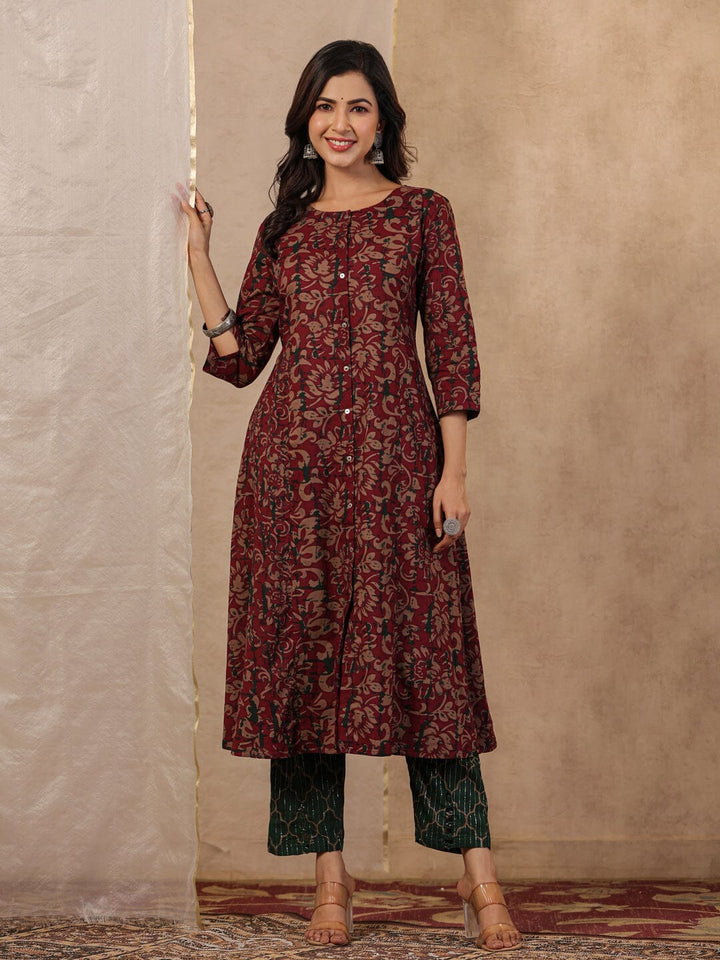 Mahroon & Green Print Cotton Set of Kurti With Pant & Dupatta Kurti Dupatta set Pant Rangdeep-Fashions 