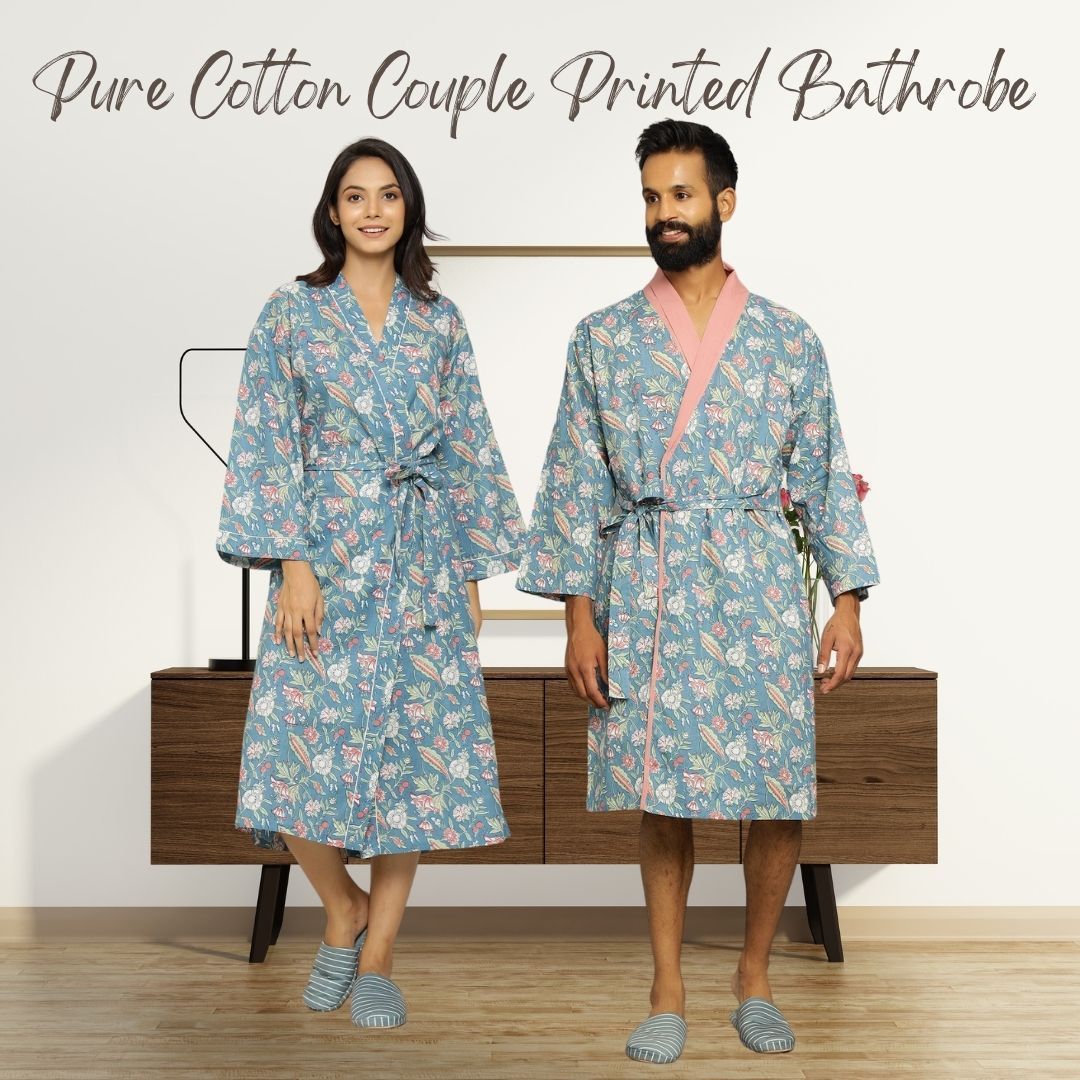 Malibu Floral Cotton printed Couple Bathrobe Couple Bathrobe SANSKRUTI HOMES S-M Bathrobe Only 