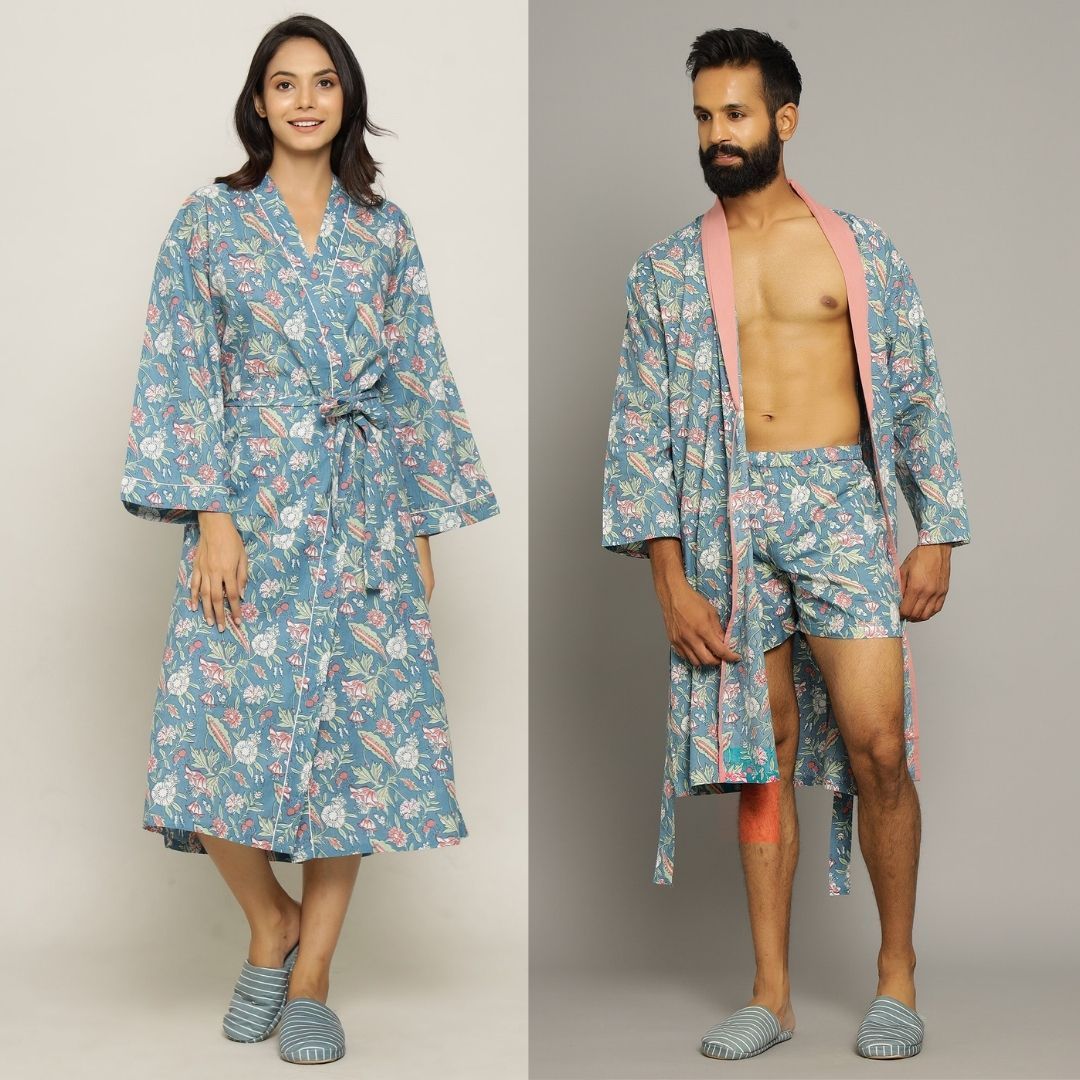 Malibu Floral Cotton printed Couple Bathrobe Couple Bathrobe SANSKRUTI HOMES S-M With Boxer (S) 