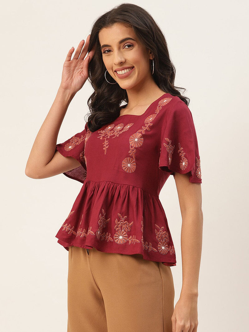Maroon Floral Embroidered Peplum Top TOPPER Rangdeep-Fashions 