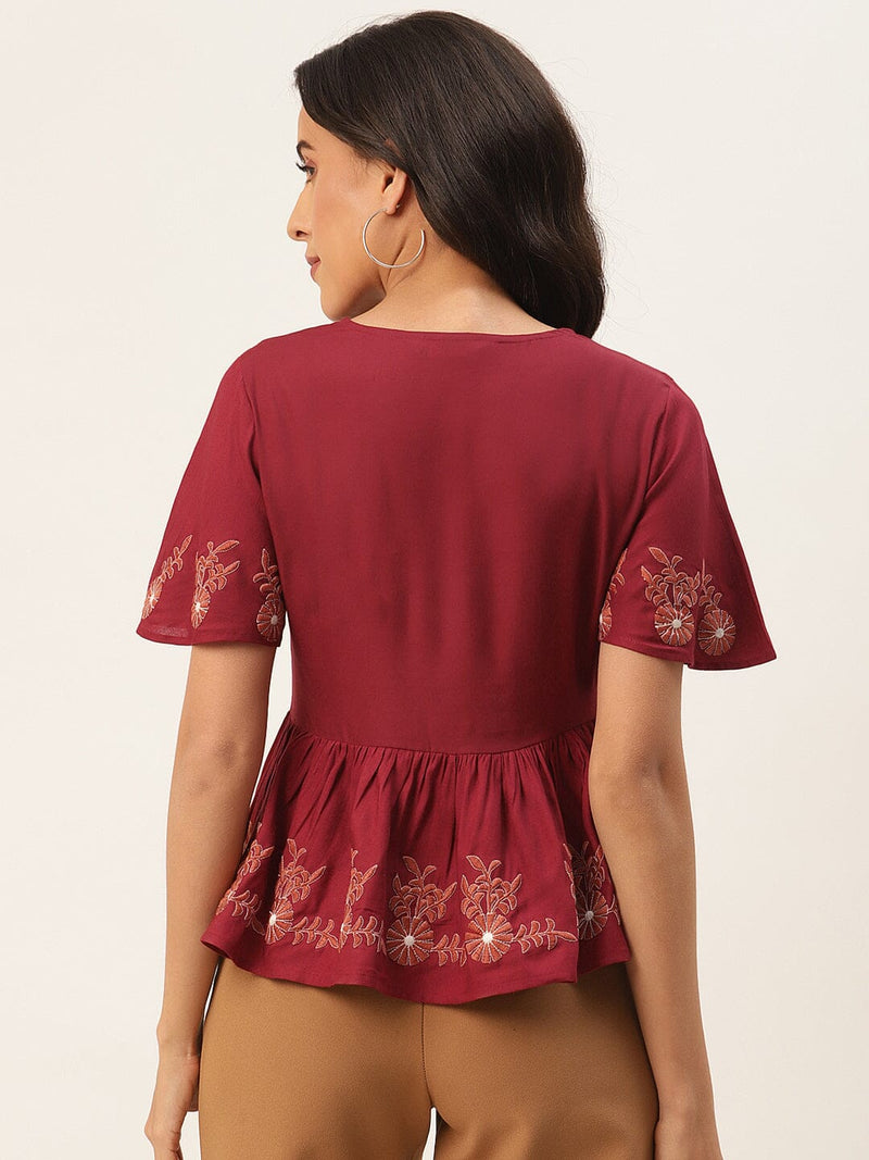 Maroon Floral Embroidered Peplum Top TOPPER Rangdeep-Fashions 