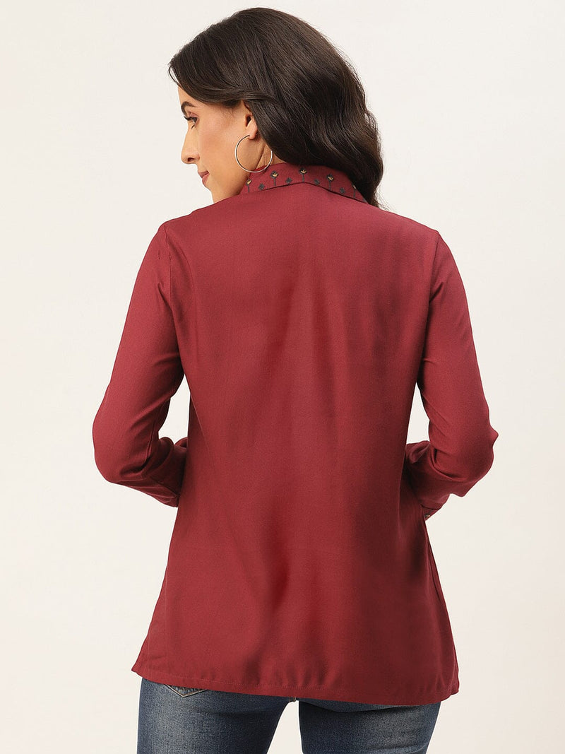 Maroon Floral Embroidered Shirt Style Top TOPPER Rangdeep-Fashions 