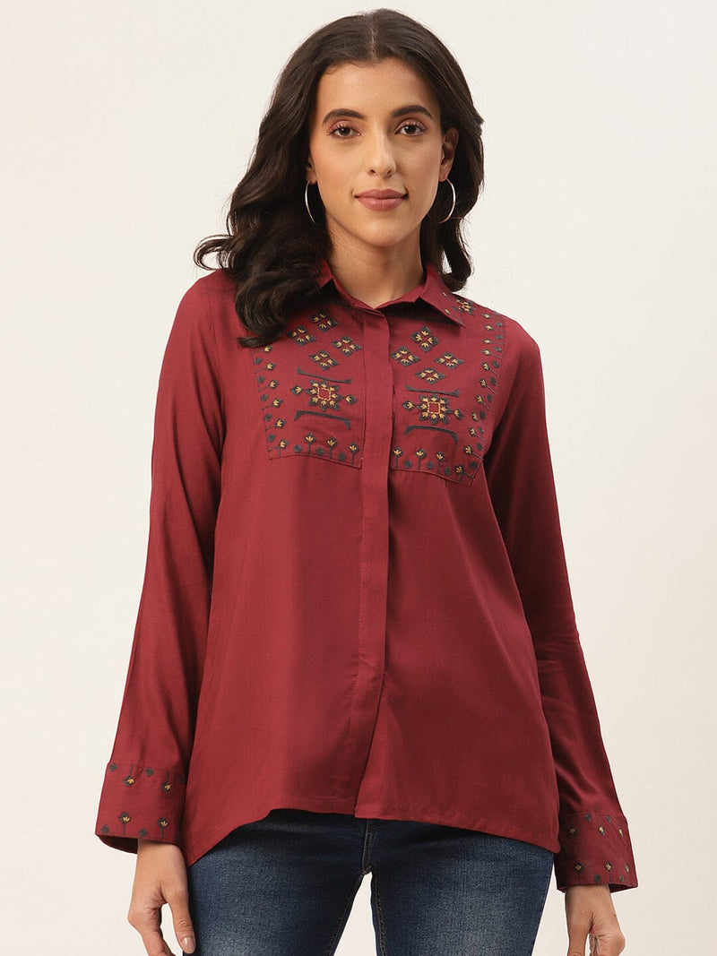 Maroon Floral Embroidered Shirt Style Top TOPPER Rangdeep-Fashions 