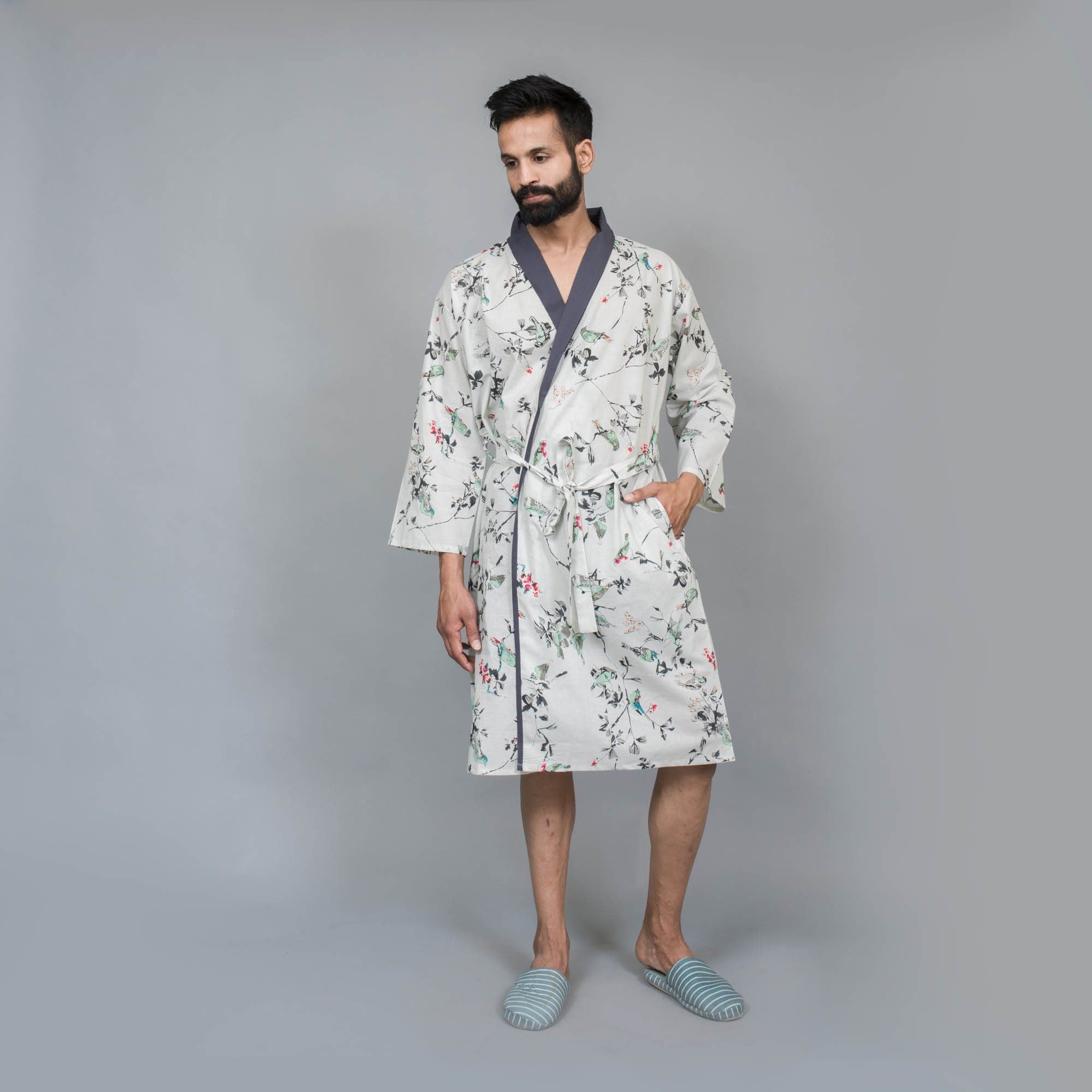 Men Off-White Pure Cotton Bathrobe Men Bathrobe SANSKRUTI HOMES 