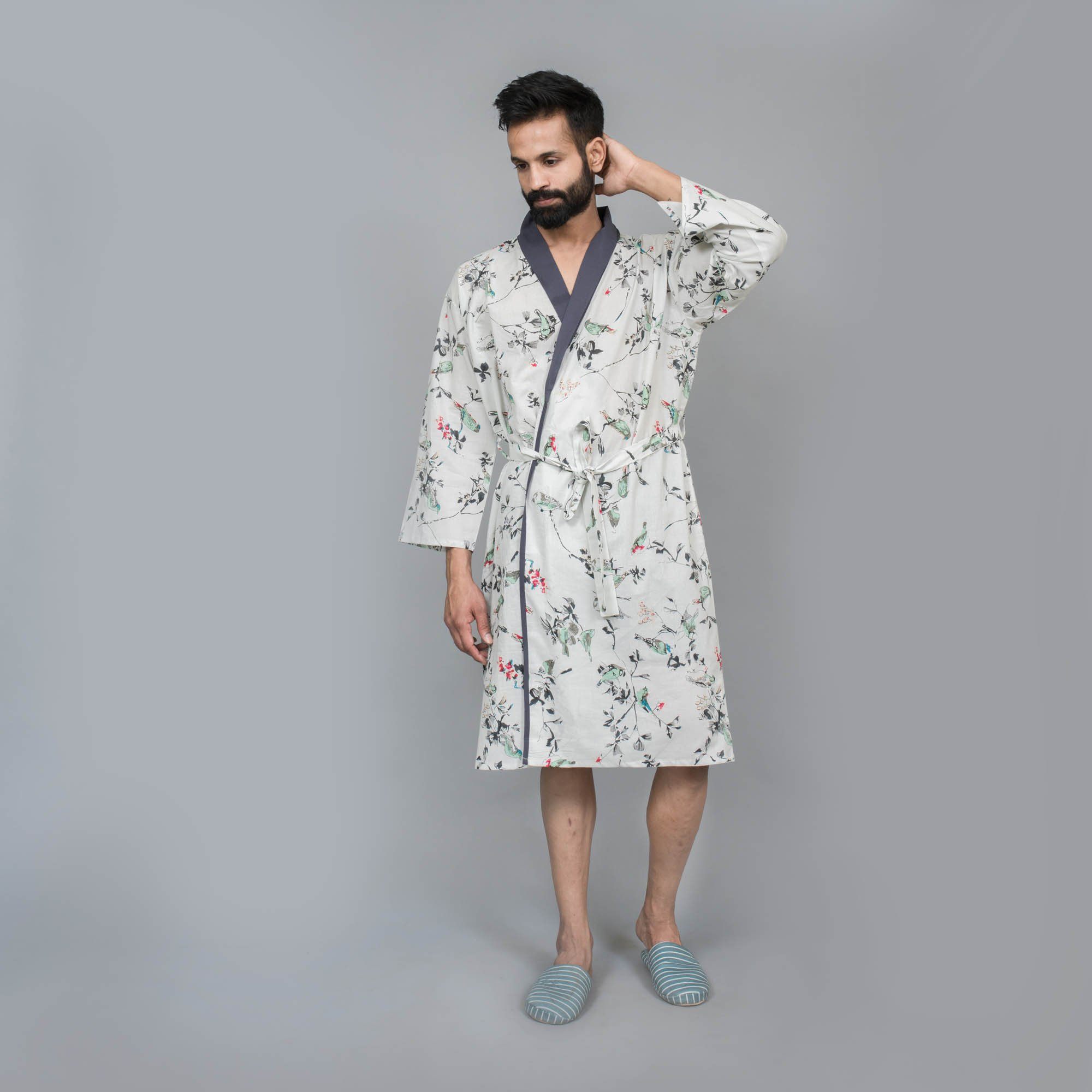 Men Off-White Pure Cotton Bathrobe Men Bathrobe SANSKRUTI HOMES 