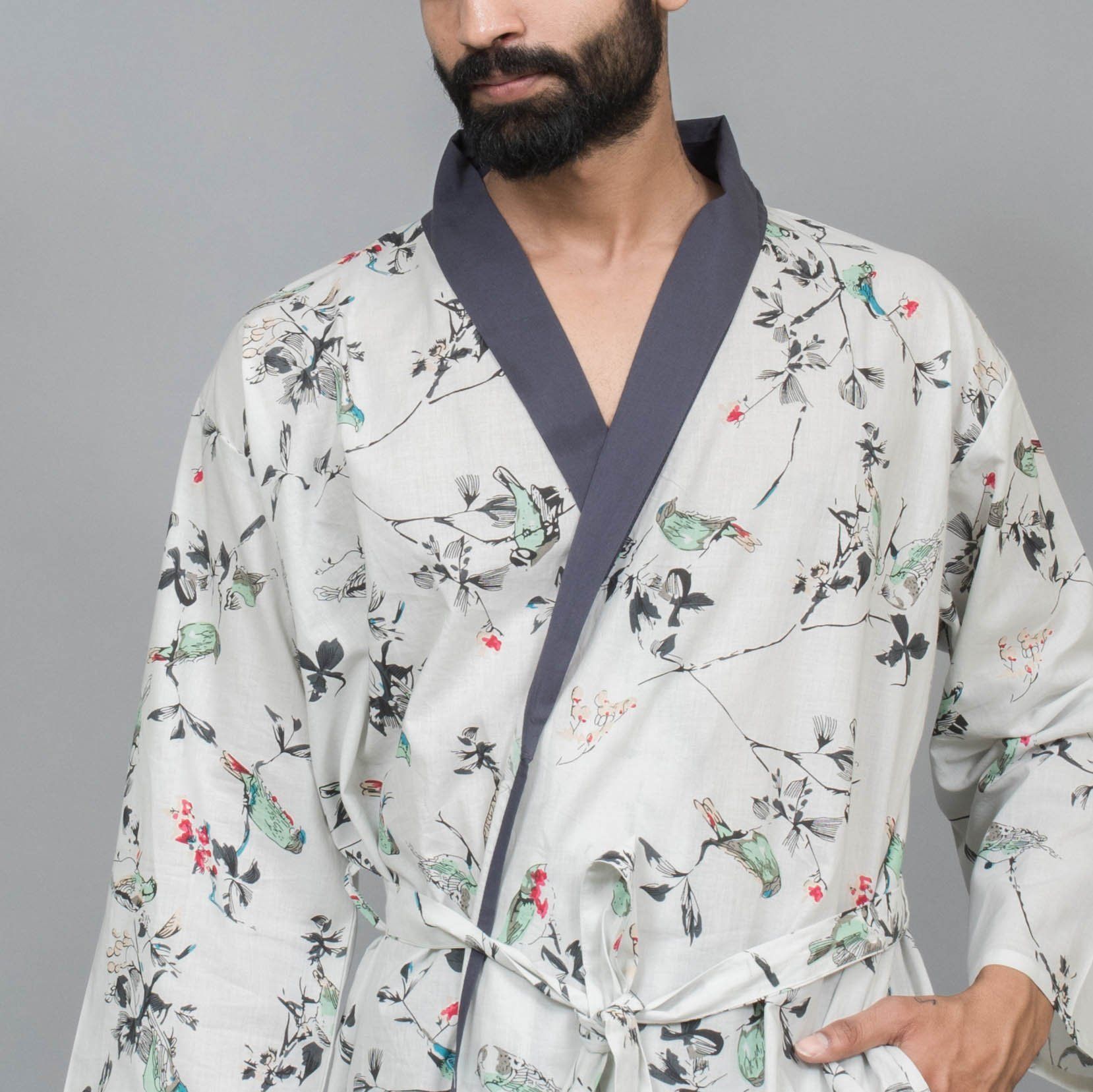 Men Off-White Pure Cotton Bathrobe Men Bathrobe SANSKRUTI HOMES 