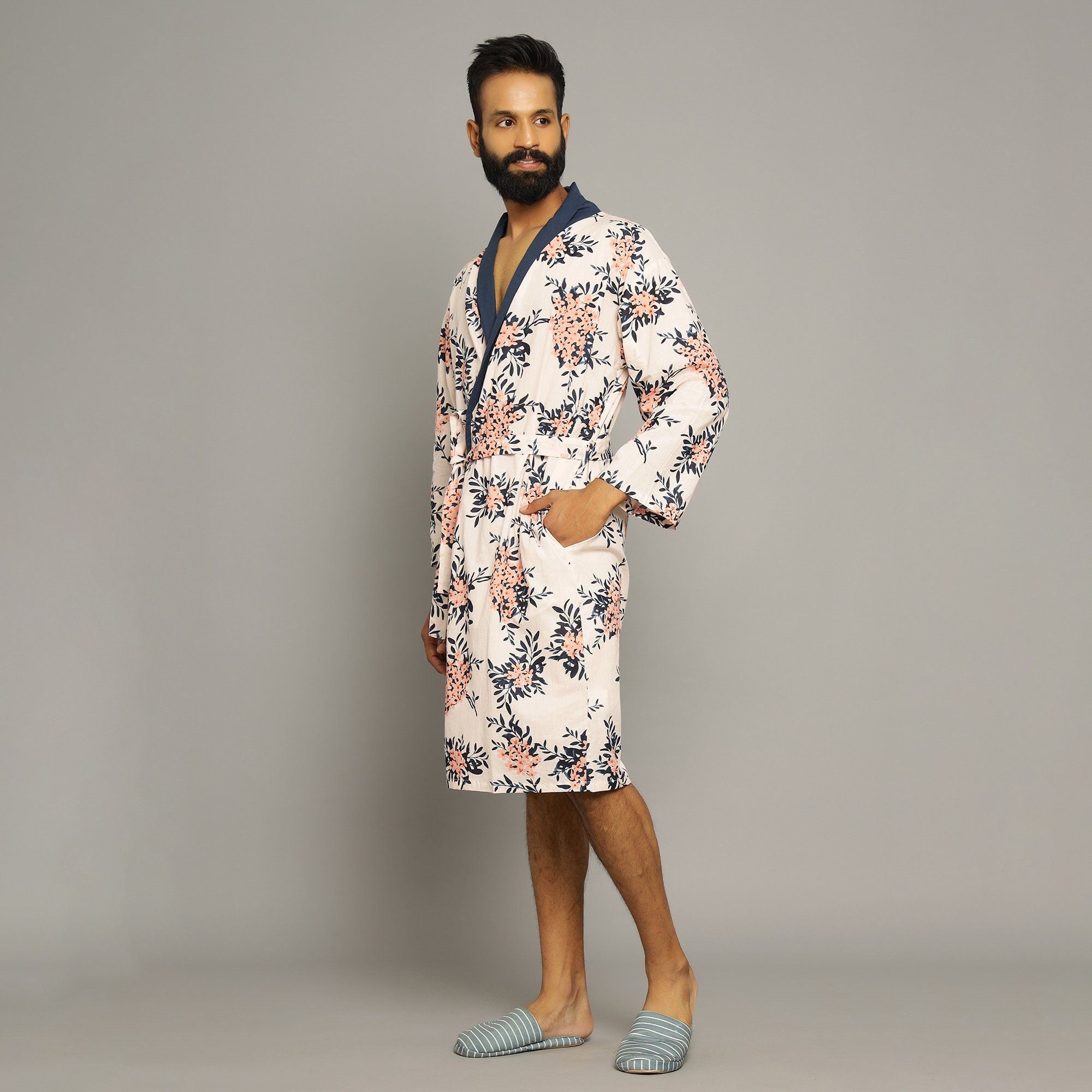 Men's Baby Pink Cotton Hand printed Bathrobe Men Bathrobe SANSKRUTI HOMES 