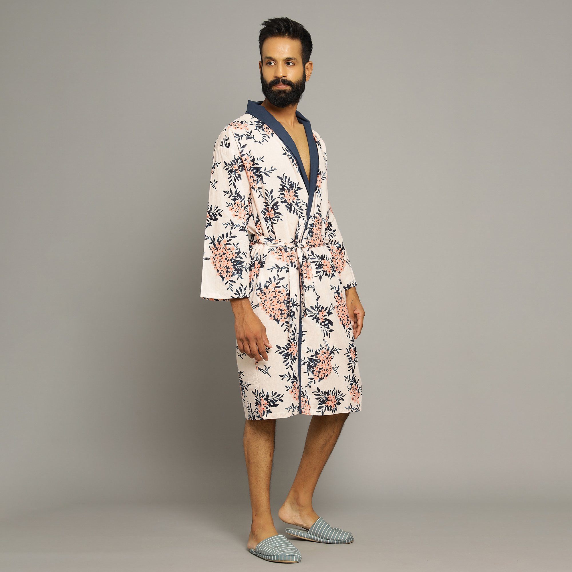 Men's Baby Pink Cotton Hand printed Bathrobe Men Bathrobe SANSKRUTI HOMES 