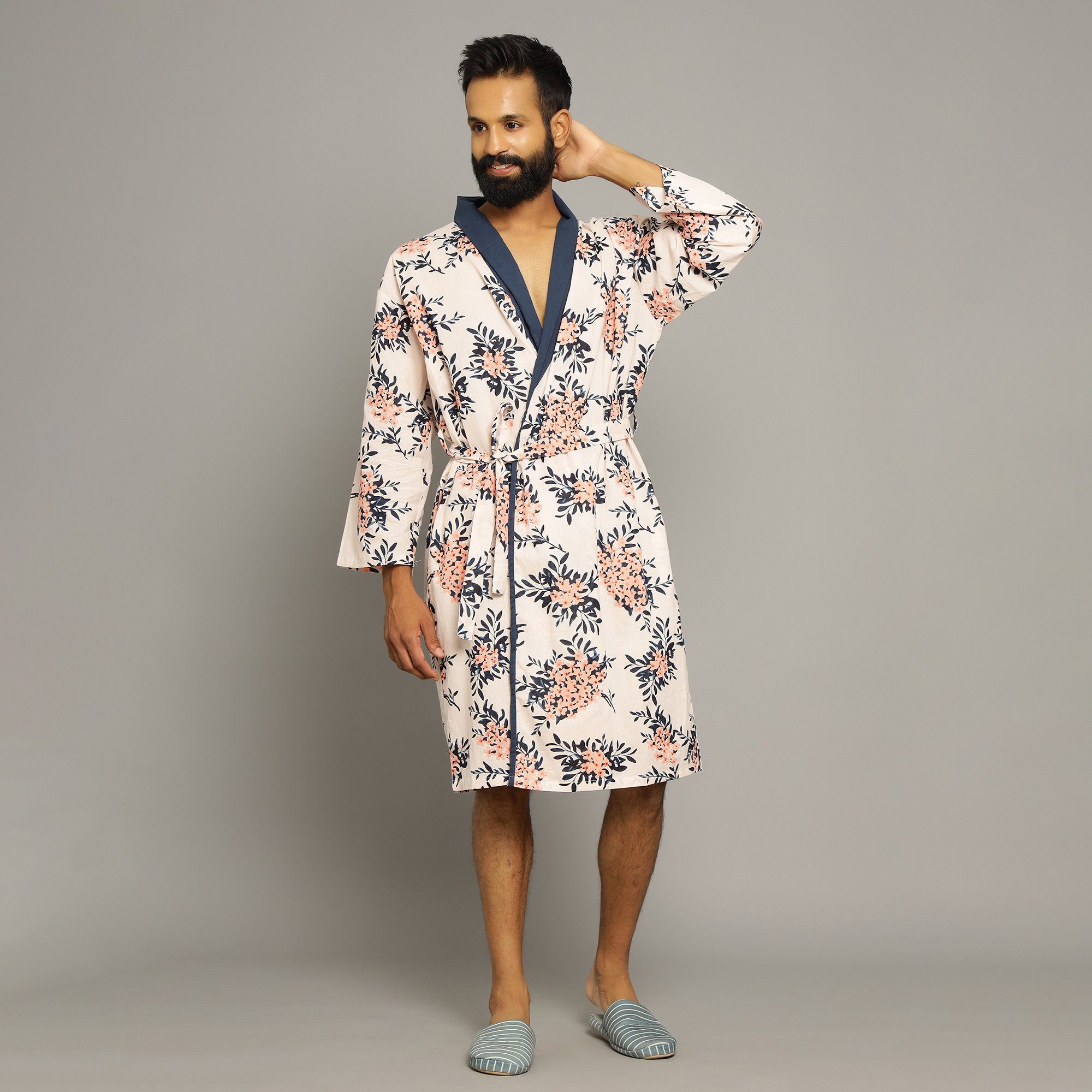 Men's Baby Pink Cotton Hand printed Bathrobe Men Bathrobe SANSKRUTI HOMES Bathrobe Only 