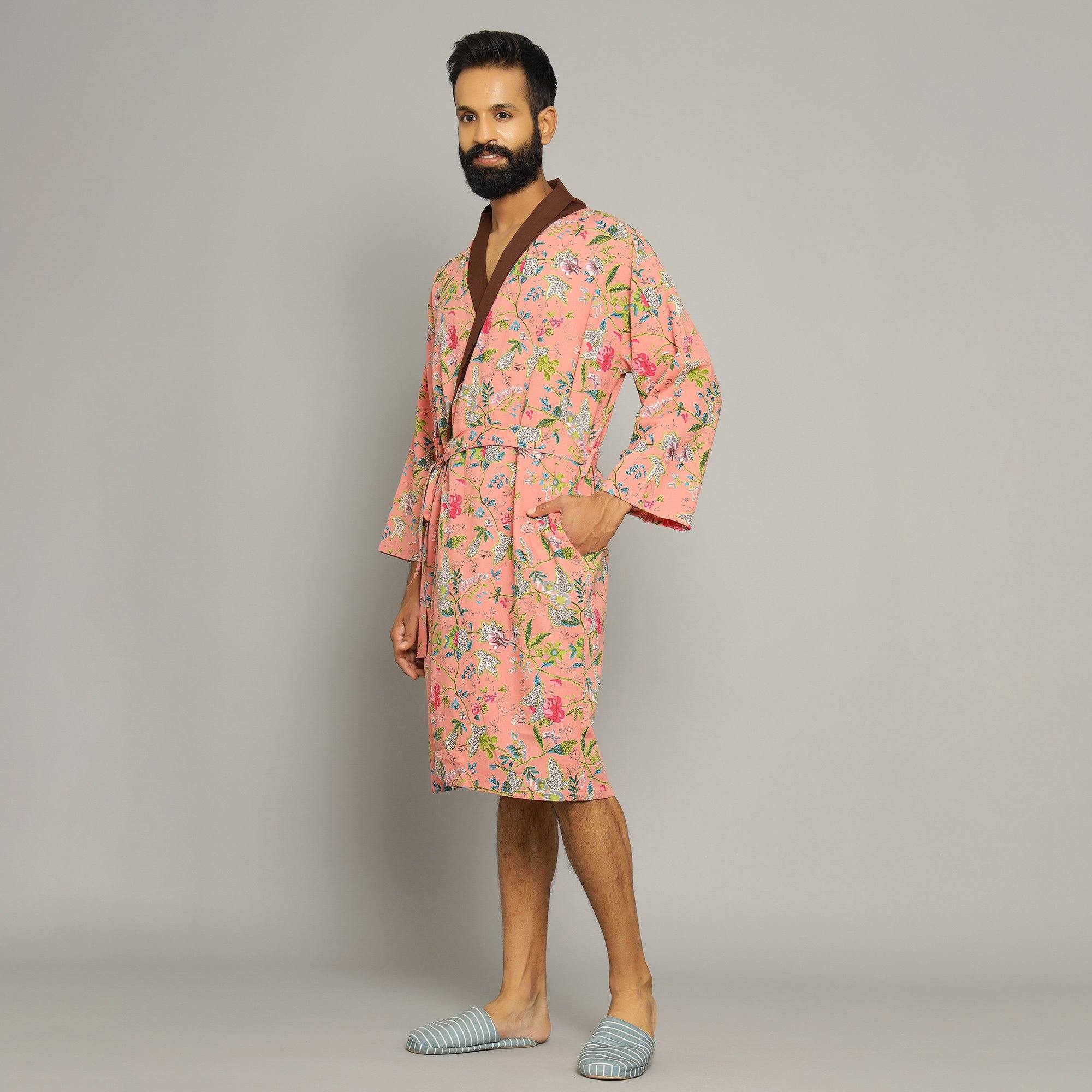 Men's Peach Cotton Hand printed Bathrobe Men Bathrobe SANSKRUTI HOMES 