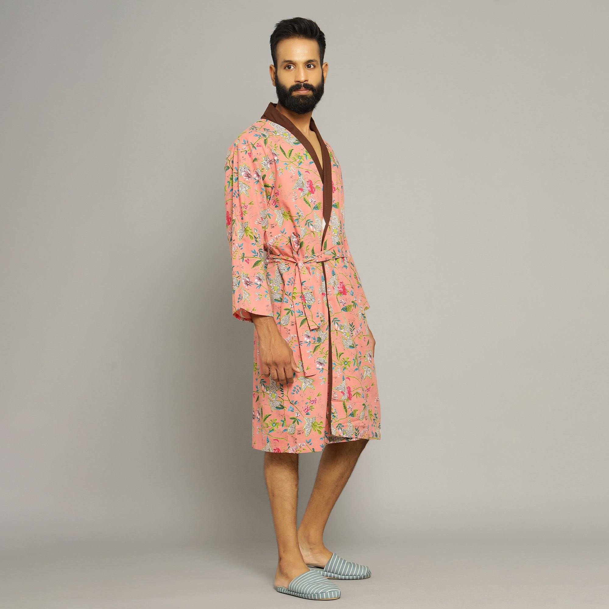 Men's Peach Cotton Hand printed Bathrobe Men Bathrobe SANSKRUTI HOMES 