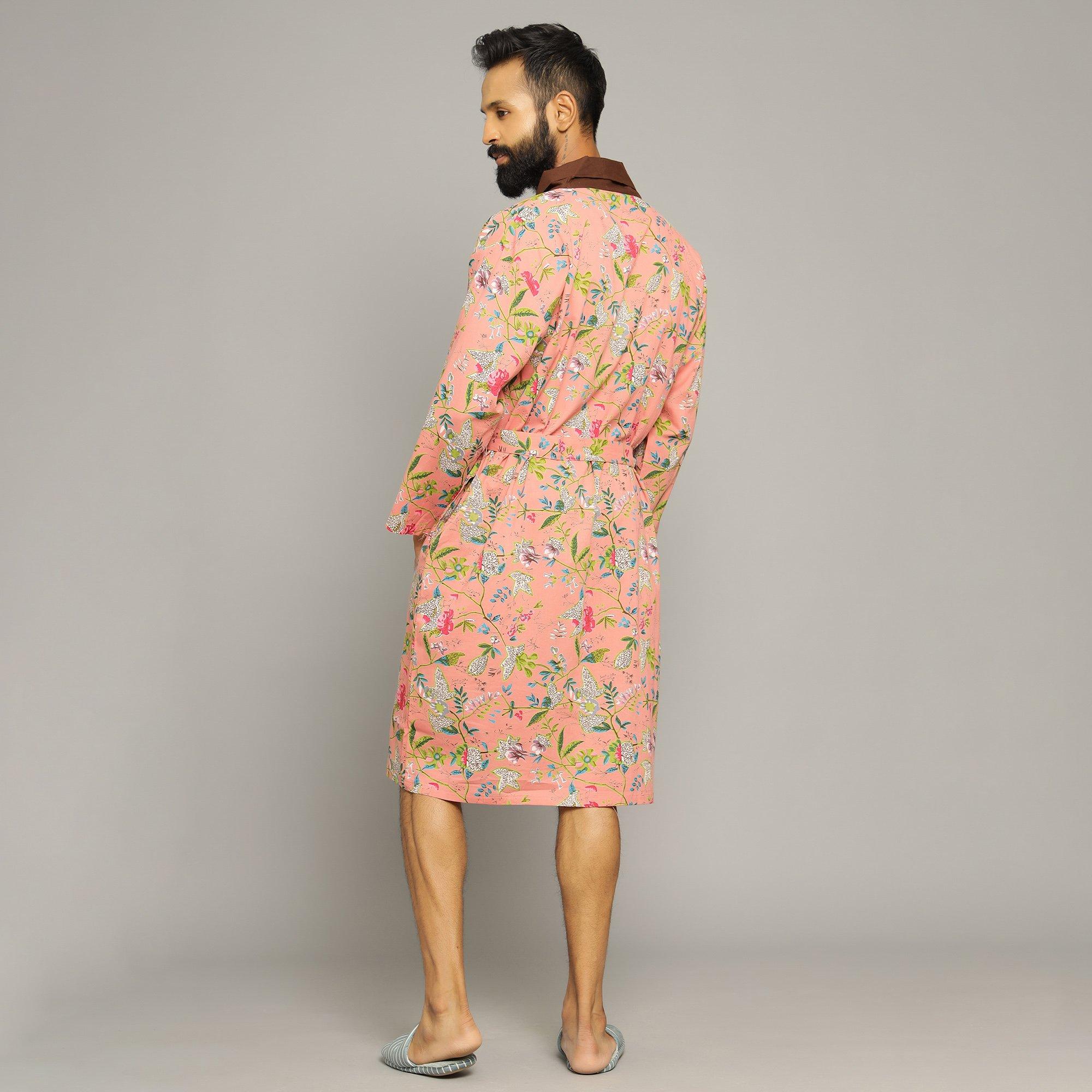 Men's Peach Cotton Hand printed Bathrobe Men Bathrobe SANSKRUTI HOMES 