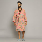 Men's Peach Cotton Hand printed Bathrobe Men Bathrobe SANSKRUTI HOMES Bathrobe Only 