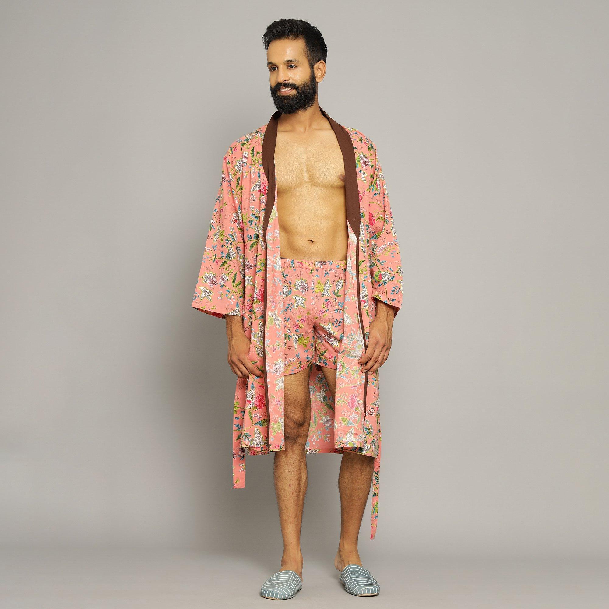 Men's Peach Cotton Hand printed Bathrobe Men Bathrobe SANSKRUTI HOMES With Boxer (S) 