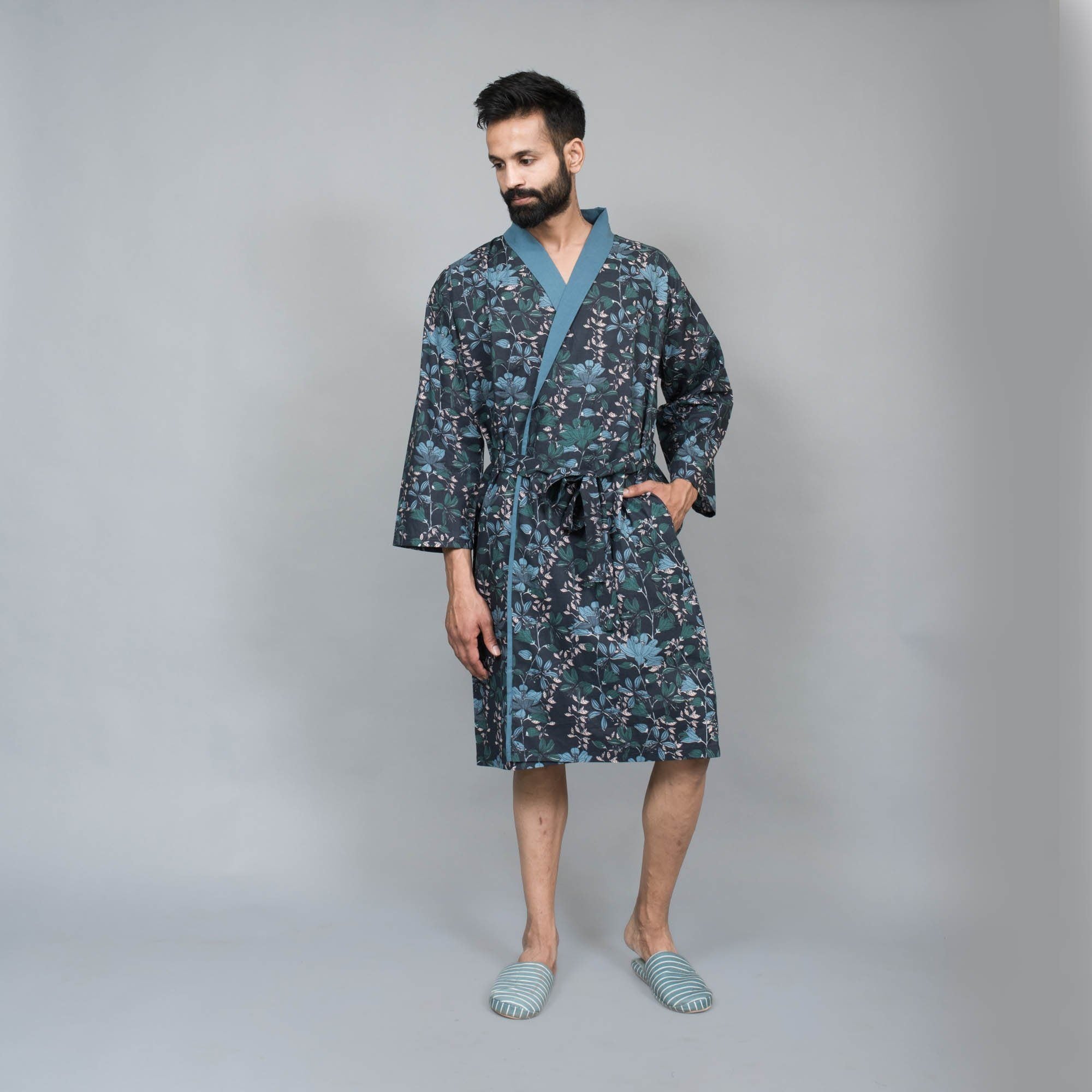 Navy Couple Pure Cotton Bathrobe Couple Bathrobe SANSKRUTI HOMES 