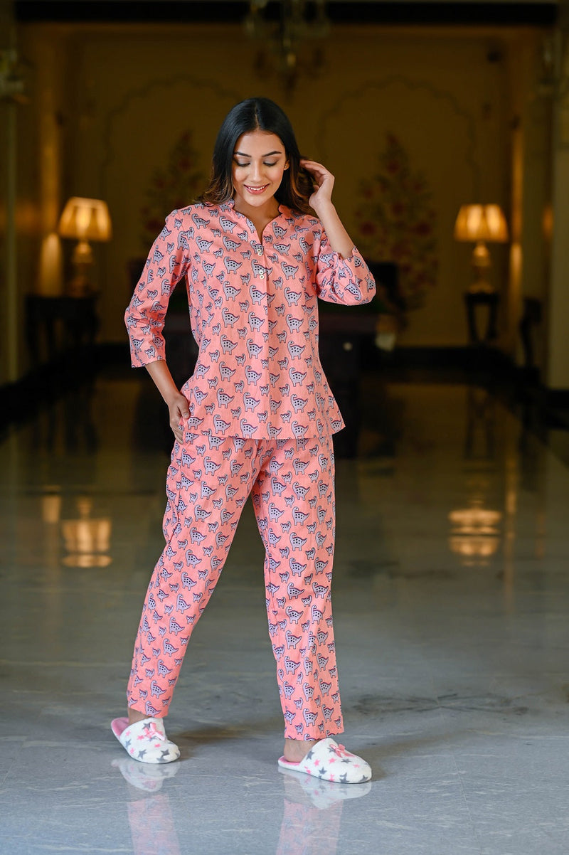 Peach Cotton Printed Night Suit Set with Payjama Night Suit SANSKRUTI HOMES 