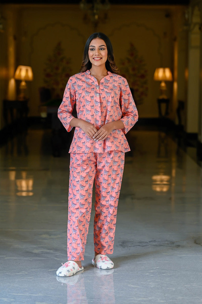 Peach Cotton Printed Night Suit Set with Payjama Night Suit SANSKRUTI HOMES 
