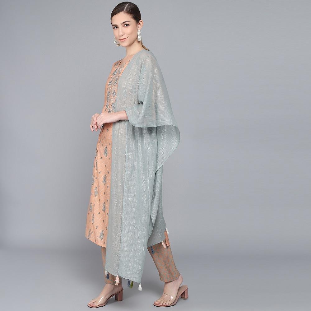 PEACH MUSLIN WOMEN'S KURTA PAJAMA DUPATTA SET muslin kurta Rangdeep-Fashions 