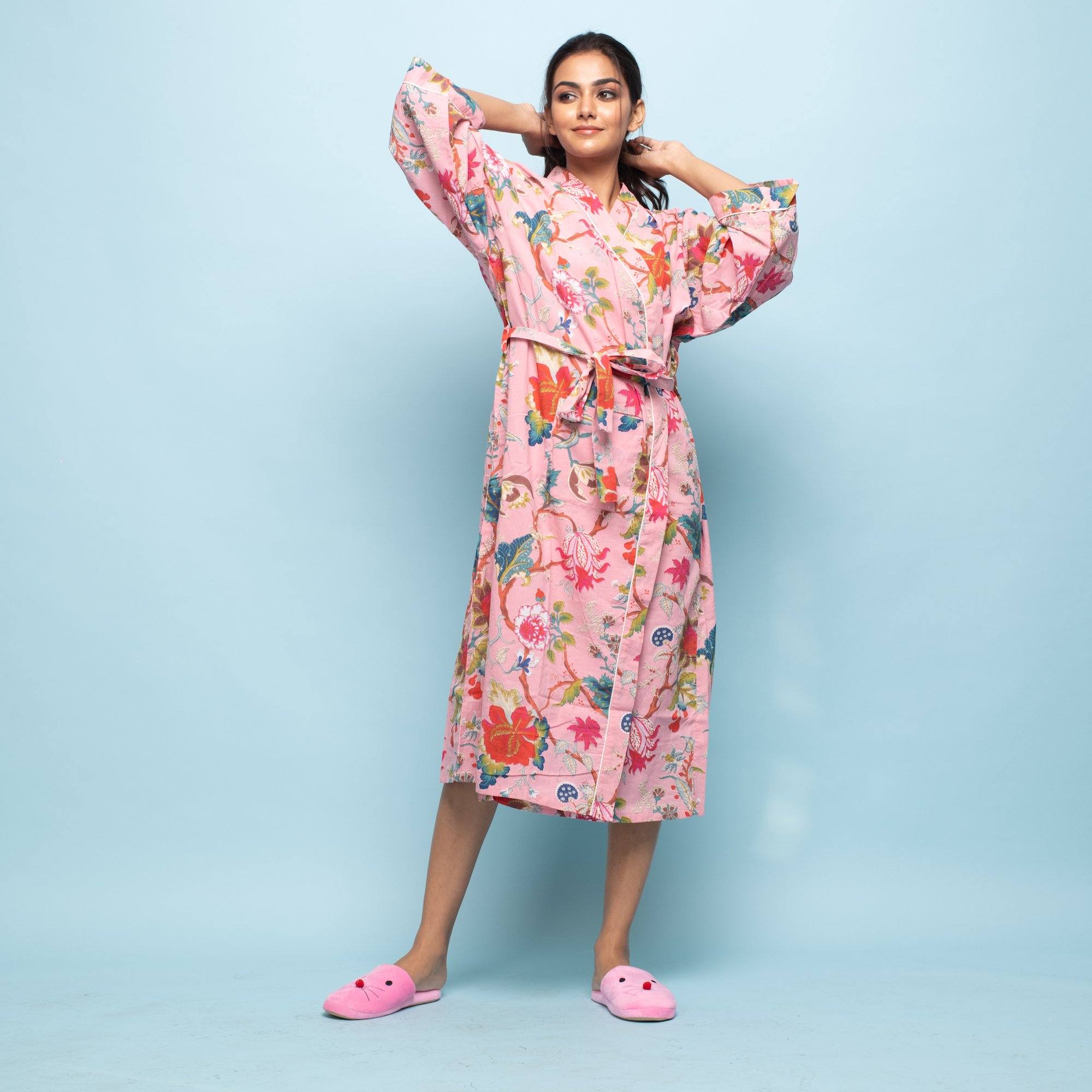 Pink Cotton Hand printed Bathrobe Bathrobe SANSKRUTI HOMES 