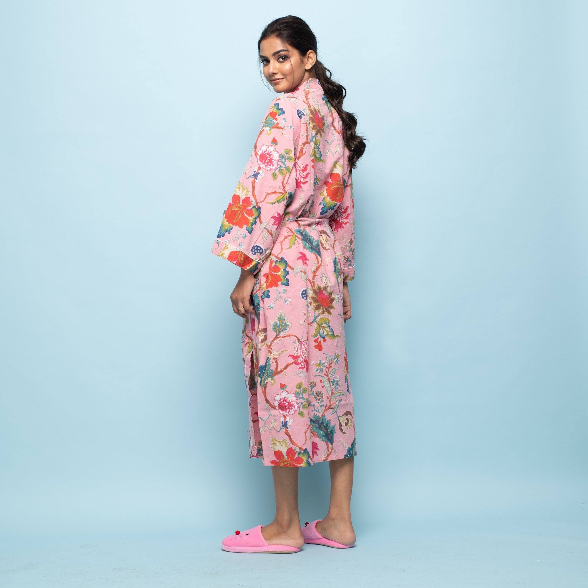 Pink Cotton Hand printed Bathrobe Bathrobe SANSKRUTI HOMES 